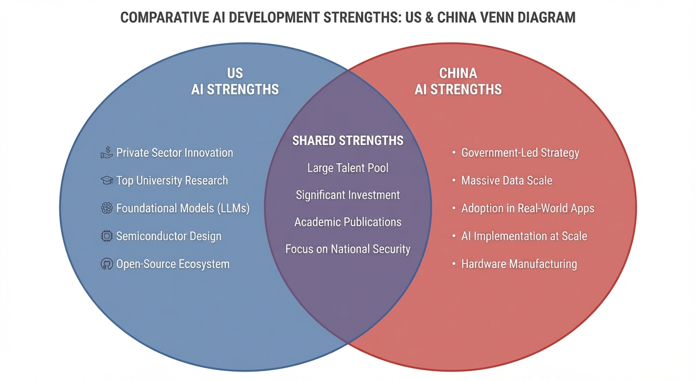 A Venn diagram showing the overlapping and distinct strengths of the US and China in AI development.