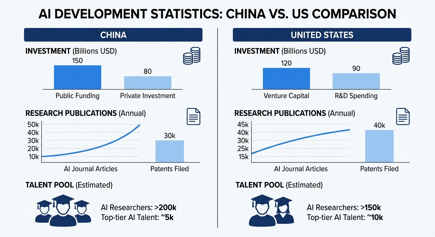 Infographic showing a side-by-side comparison of AI development statistics in China and the US, including investment, research publications, and talent pool.