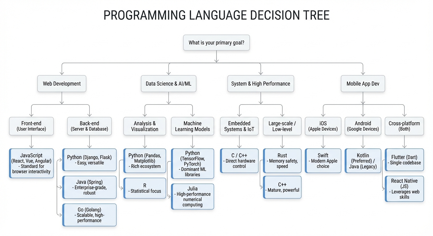 Decision tree diagram for choosing a programming language