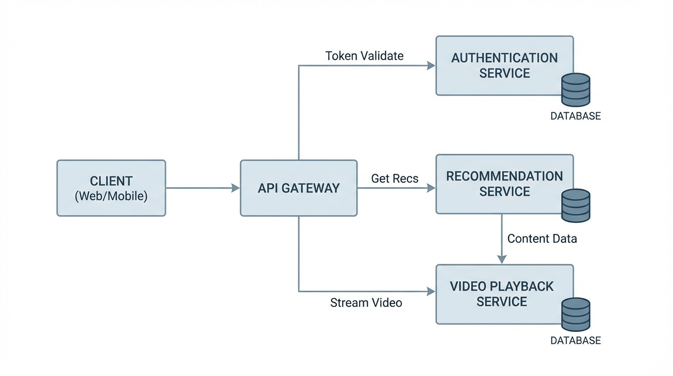 Diagram arsitektur microservices yang menunjukkan interaksi antar komponen seperti API Gateway, layanan otentikasi, layanan rekomendasi, dan layanan pemutaran video.