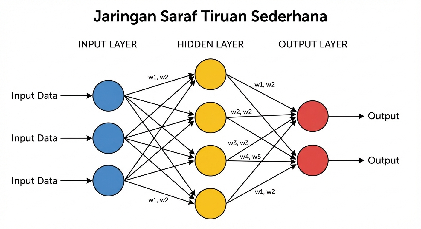 Ilustrasi Jaringan Saraf Tiruan (Neural Network) sederhana dengan input, hidden layers, dan output layer.