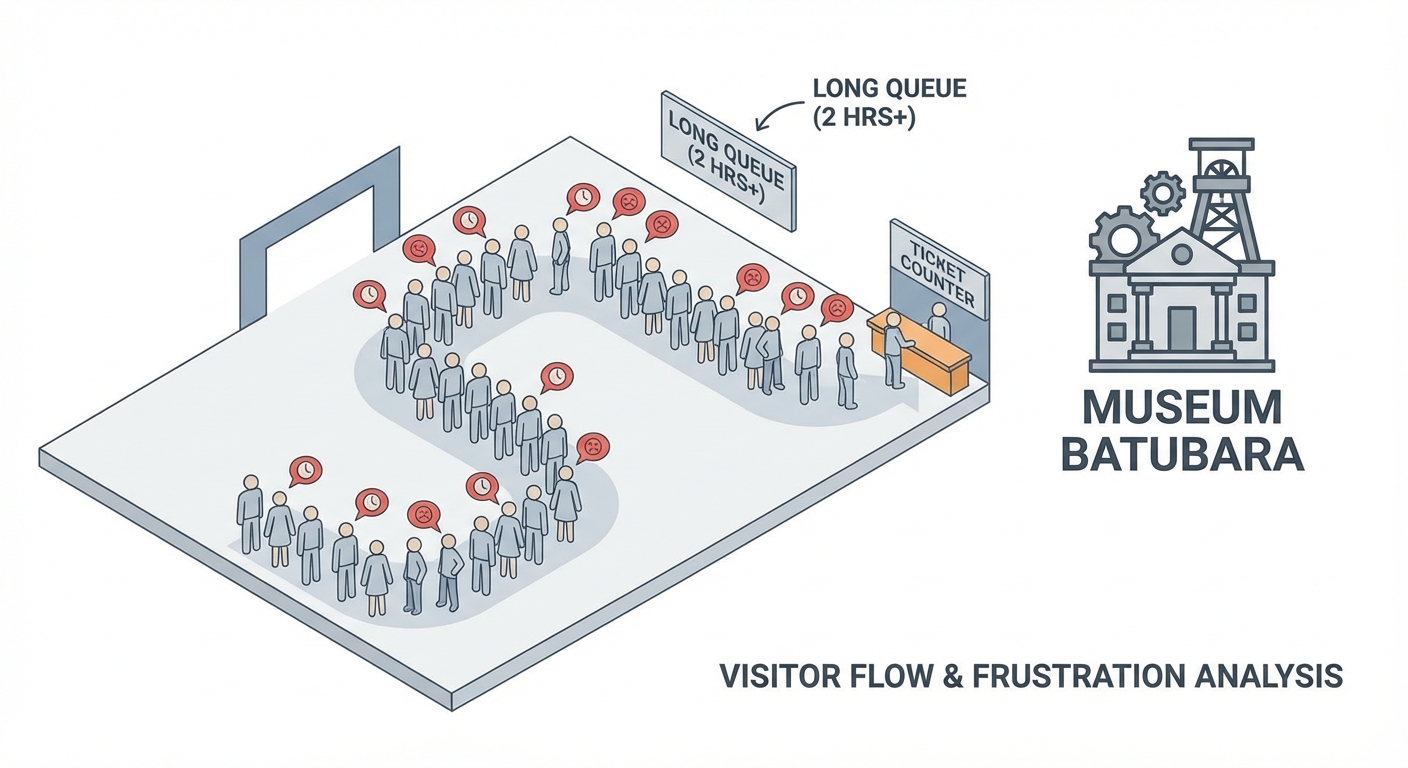 Illustration of long queues at a ticket counter with frustrated tourists at Museum Batubara