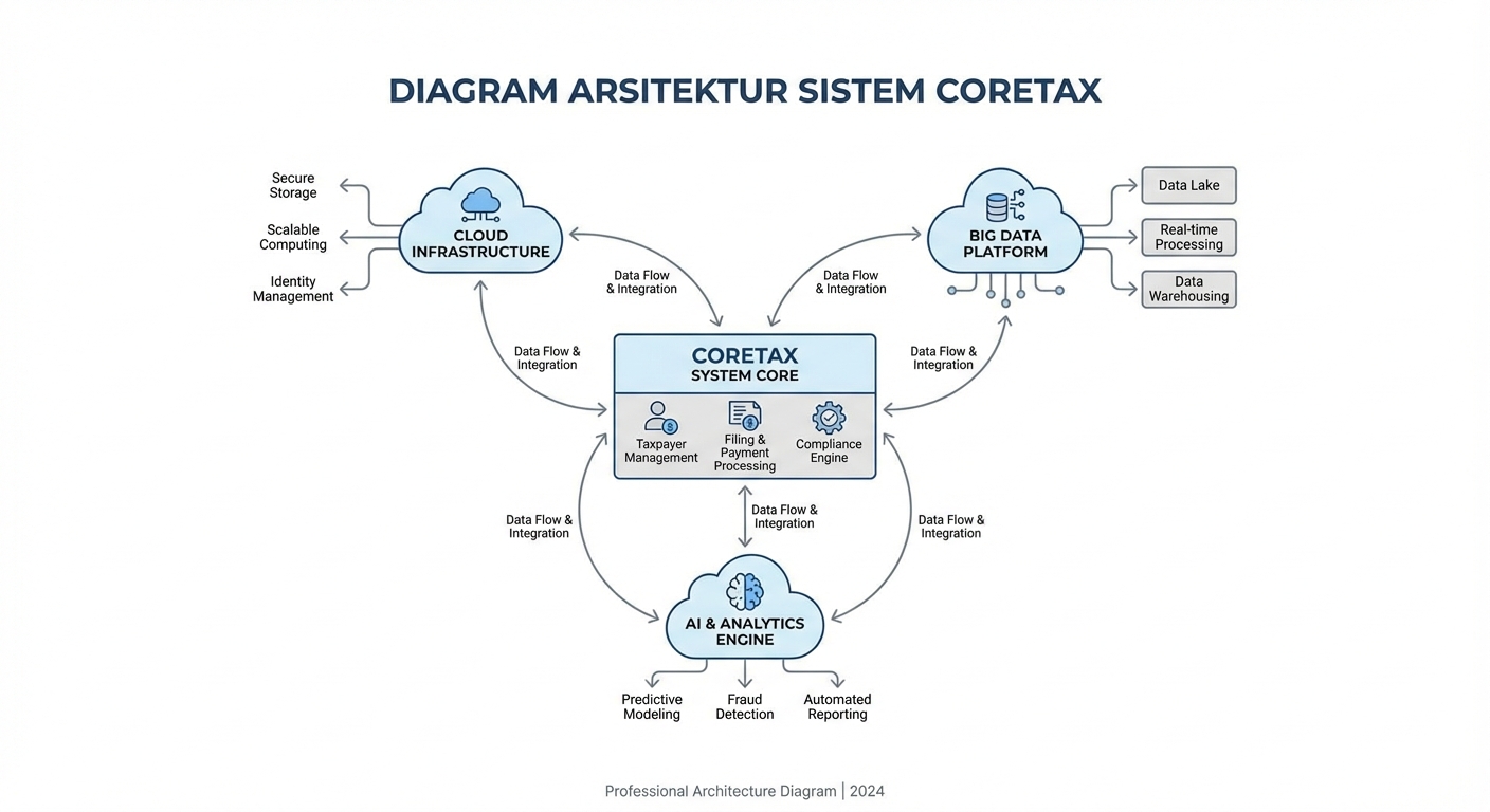 Diagram Arsitektur Sistem Coretax yang Menunjukkan Integrasi dengan Cloud, Big Data, dan AI