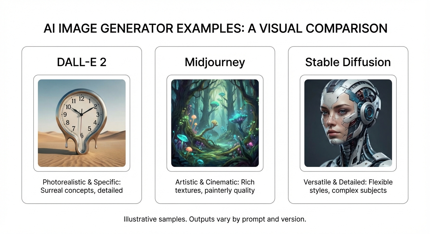 Contoh gambar yang dihasilkan oleh generator gambar AI seperti DALL-E 2, Midjourney, dan Stable Diffusion.