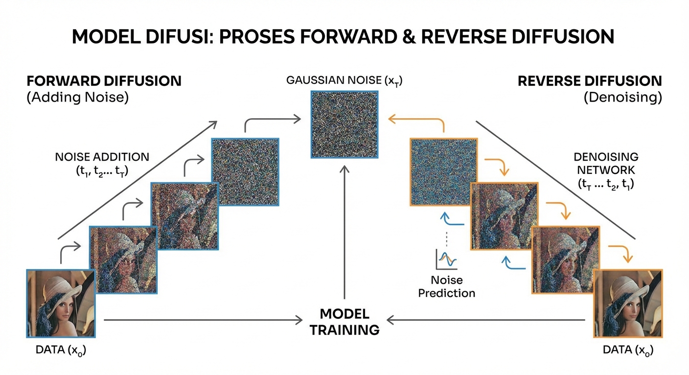 Diagram yang menggambarkan proses forward diffusion dan reverse diffusion dalam model difusi.