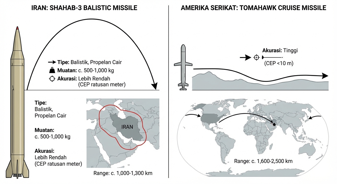 Perbandingan grafis antara rudal balistik Shahab-3 Iran dan rudal jelajah Tomahawk Amerika Serikat, menyoroti jangkauan dan kemampuan.