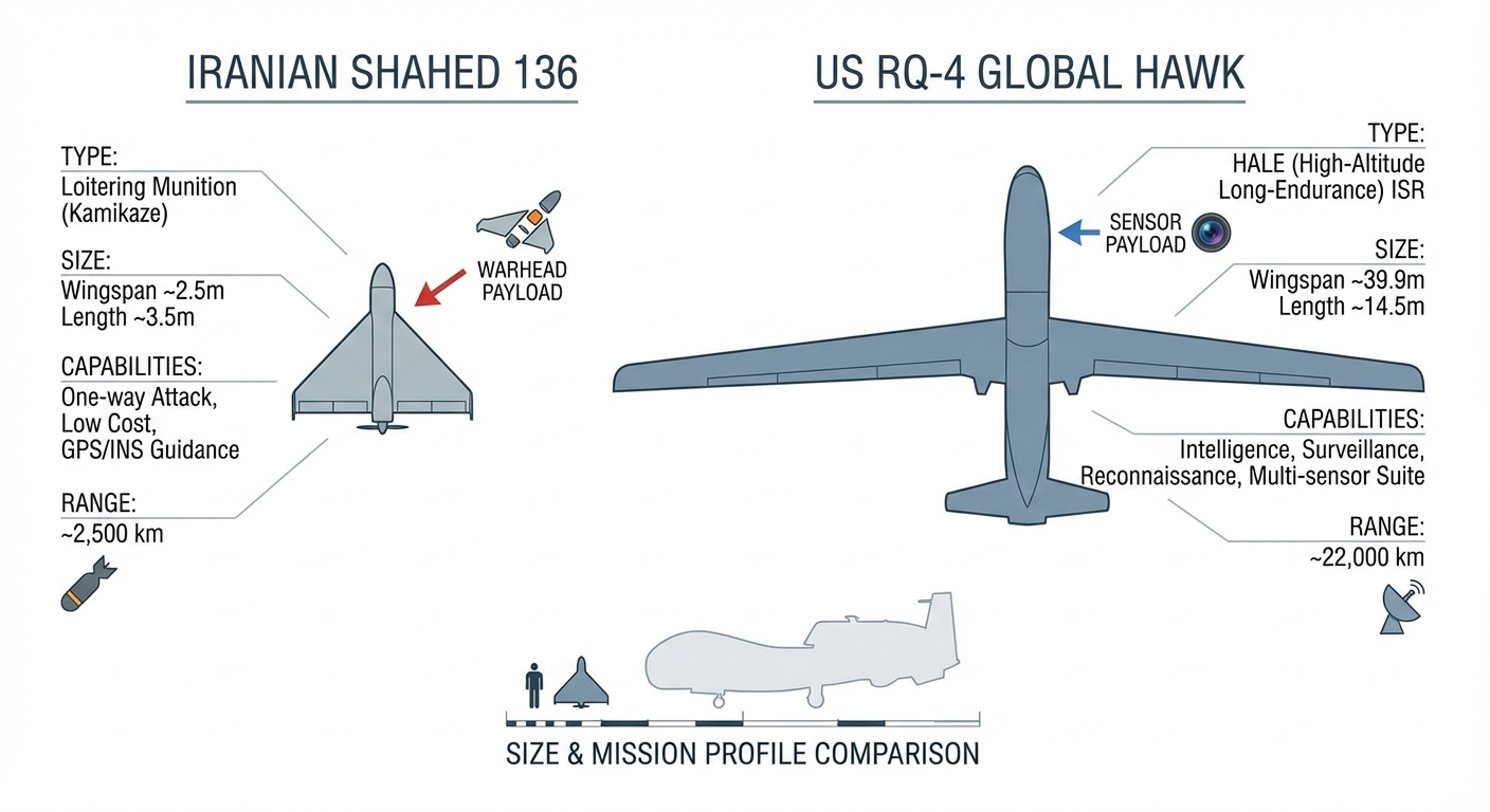 Illustrasi drone Shahed 136 milik Iran dan drone RQ-4 Global Hawk milik Amerika Serikat, menunjukkan perbedaan ukuran dan kemampuan.