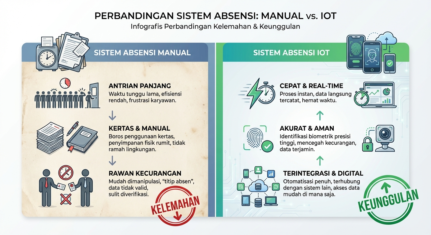 Infografis perbandingan sistem absensi manual vs. sistem absensi IoT. Tampilkan kelemahan absensi manual (antrian panjang, kertas, rawan kecurangan) dan keunggulan absensi IoT (cepat, akurat, terintegrasi).