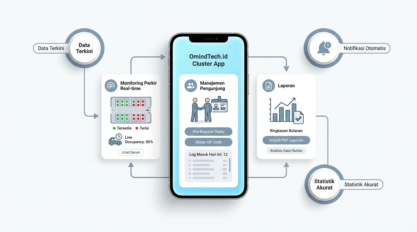 Ilustrasi mockup antarmuka aplikasi cluster perumahan OmindTech.id di smartphone, menampilkan fitur monitoring parkir real-time, manajemen pengunjung, dan laporan.