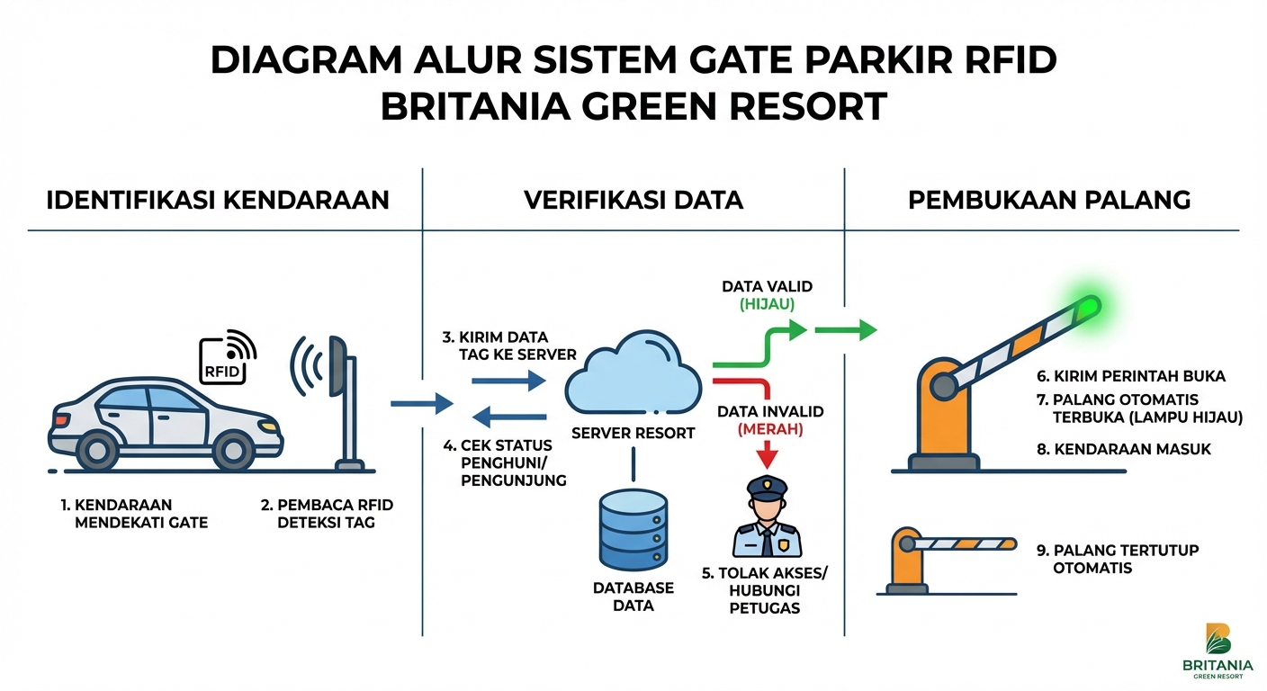 Diagram alur sistem gate parkir RFID Britania Green Resort, menunjukan proses identifikasi kendaraan, verifikasi data, dan pembukaan palang otomatis.