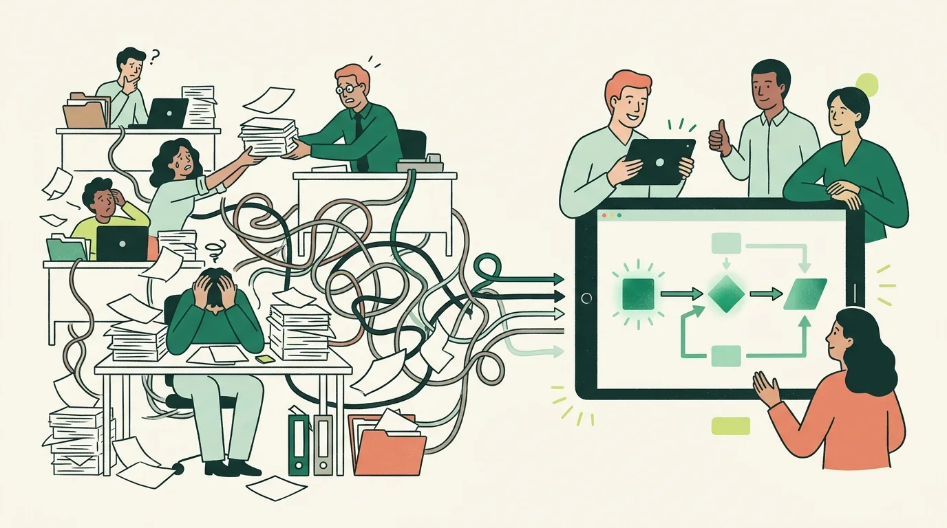 Ilustrasi proses persetujuan manual yang lambat dan berubah menjadi alur digital yang cepat dan efisien.