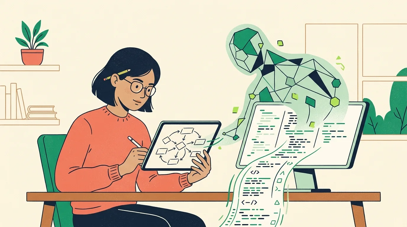 A programmer and AI working together, with the programmer designing system architecture while AI automates code writing.