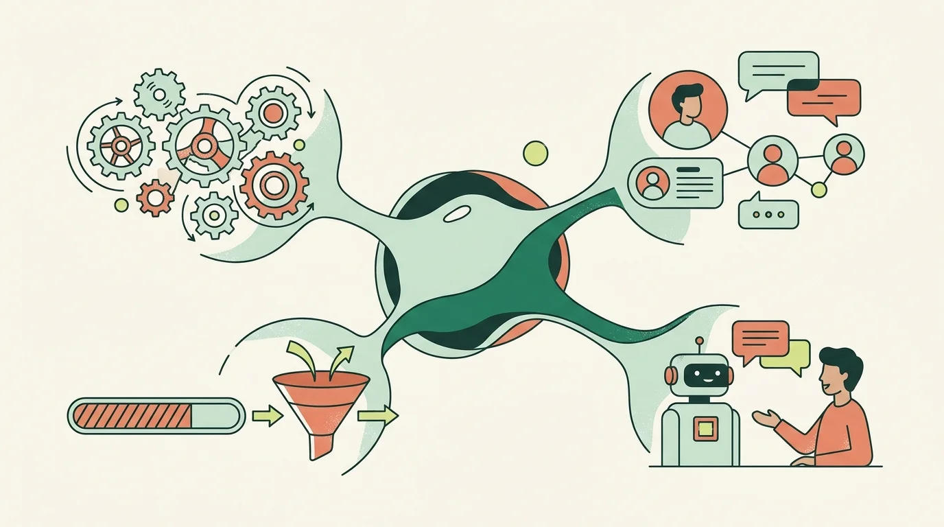 Visual representation of Orkesa.id as an integration hub for various business functions like ERP, CRM, and automation.