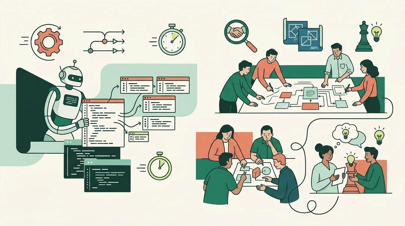 Infographic comparing coding with AI versus software house expertise, highlighting automation vs. business understanding.