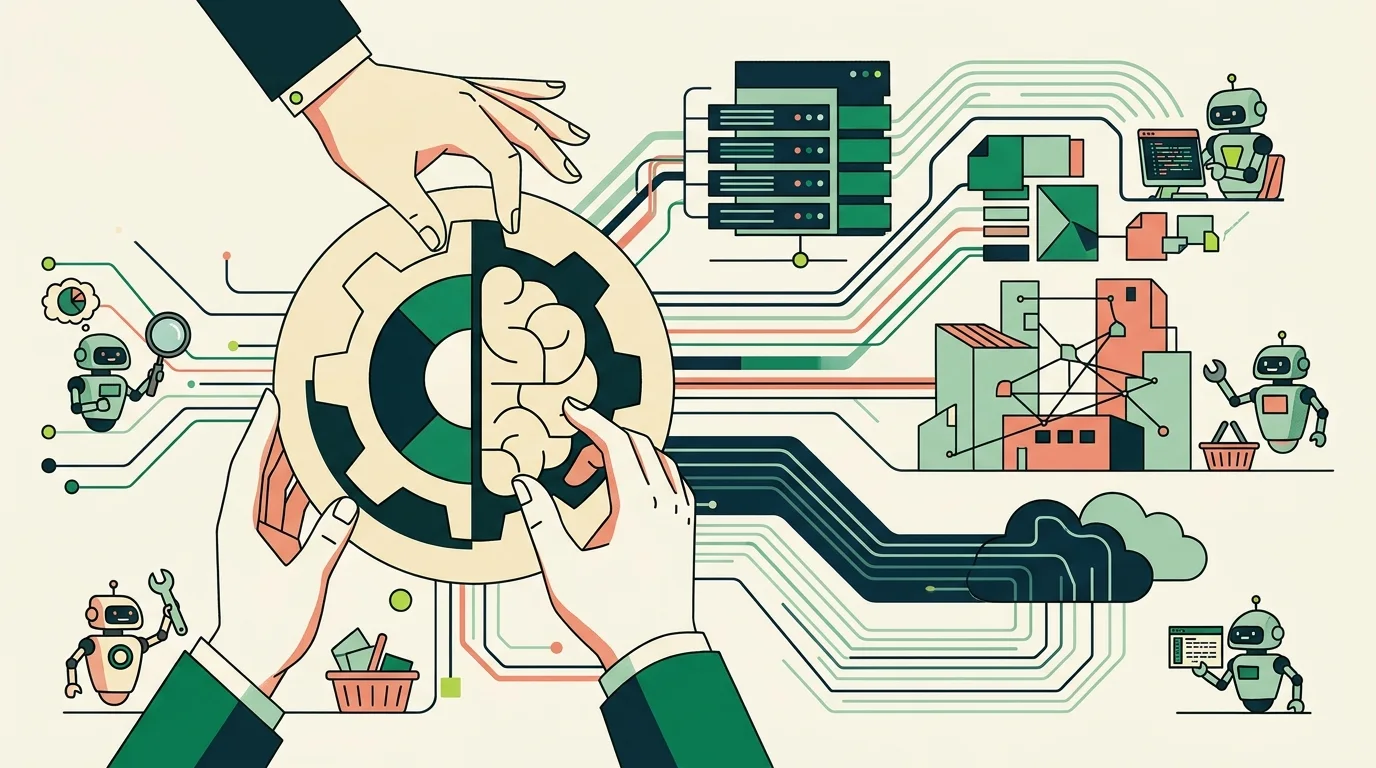 Visual metaphor of a software house as a strategic hub integrating various systems and leveraging AI Agents for efficiency.