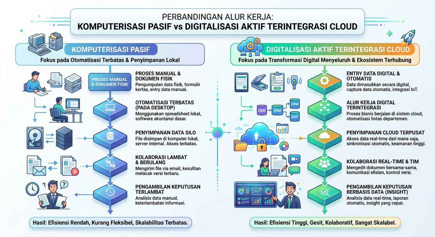 Diagram perbandingan alur kerja komputerisasi pasif vs digitalisasi aktif yang terintegrasi cloud
