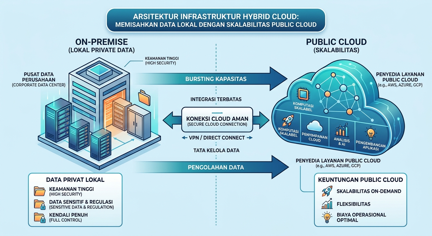Arsitektur infrastruktur hybrid cloud yang memisahkan data privat lokal (on-premise) dengan skalabilitas public cloud