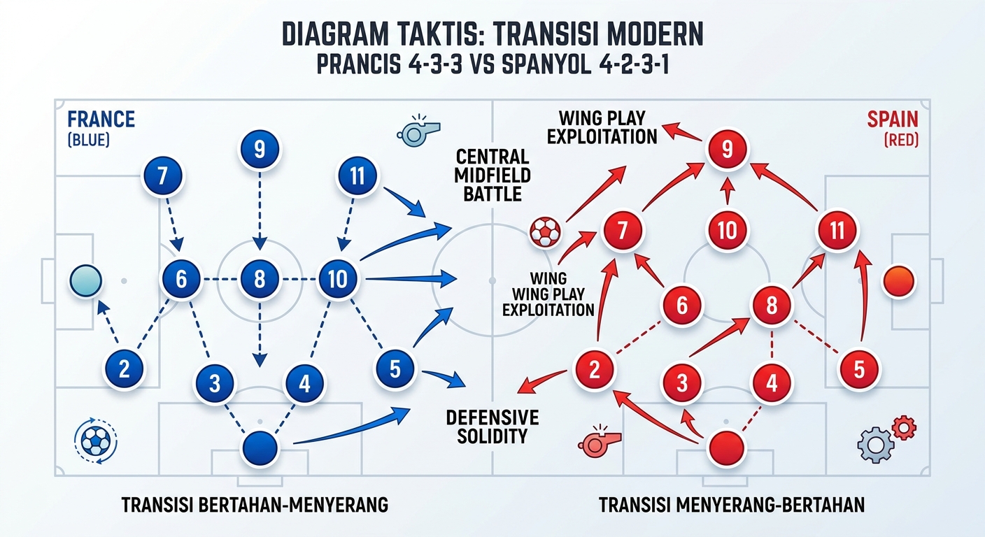 Diagram taktis formasi Prancis 4-3-3 transisi vs Spanyol 4-2-3-1 modern