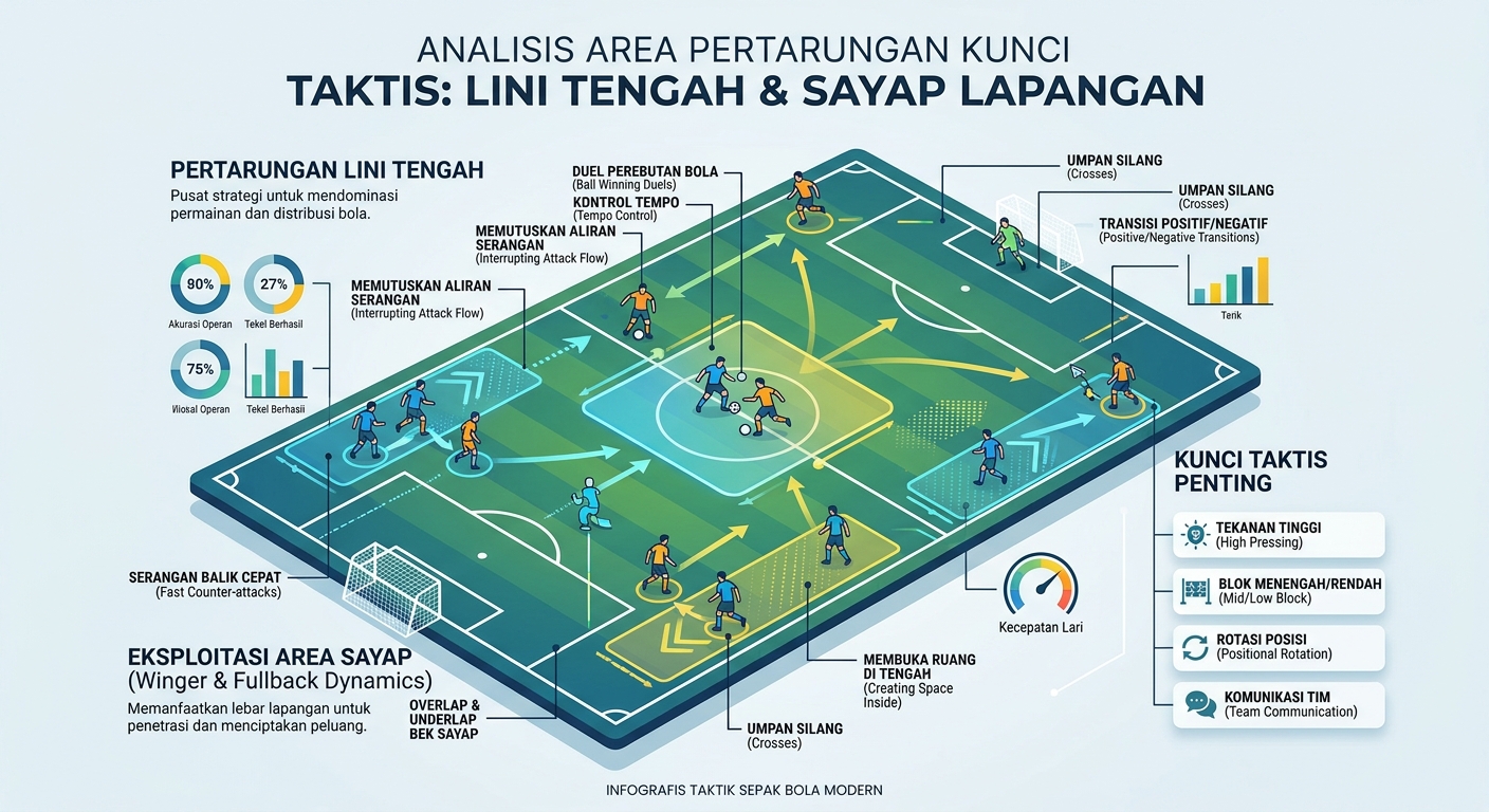 Infografis area pertarungan kunci taktis lini tengah dan sayap lapangan