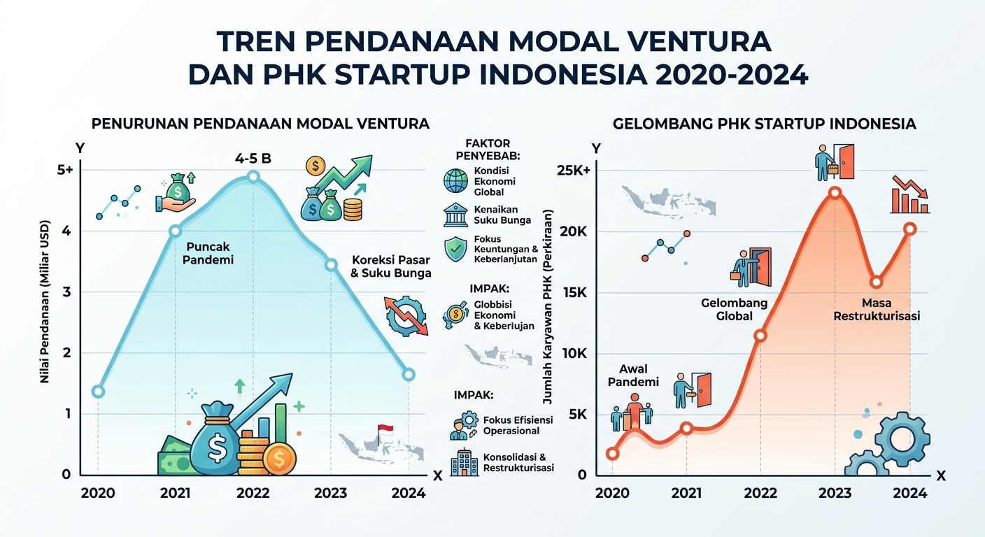 Grafis penurunan pendanaan modal ventura dan gelombang PHK startup Indonesia 2020-2024