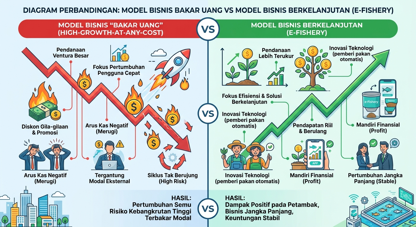 Diagram perbandingan model bisnis bakar uang vs model bisnis berkelanjutan (e-Fishery)