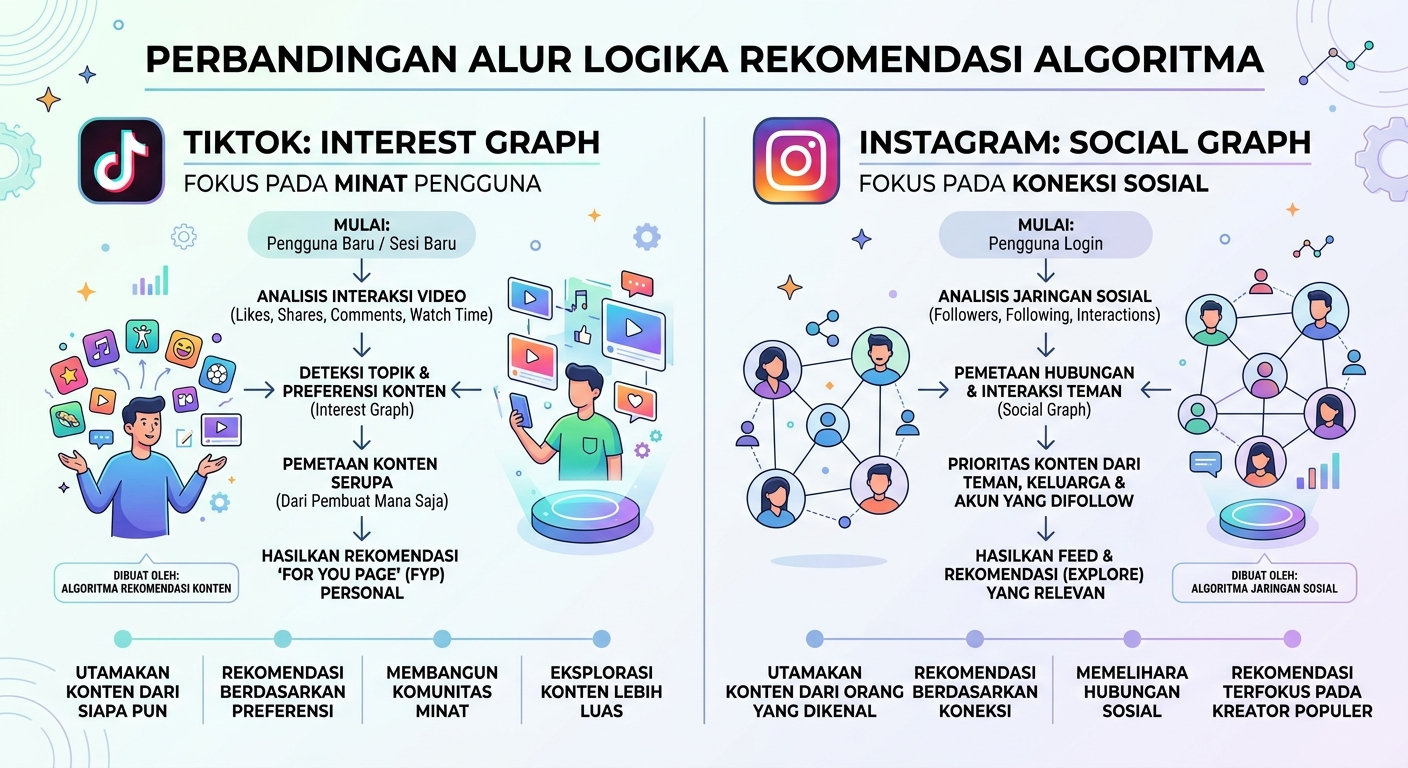 Perbandingan Alur Logika Rekomendasi Algoritma TikTok Interest Graph vs Instagram Social Graph