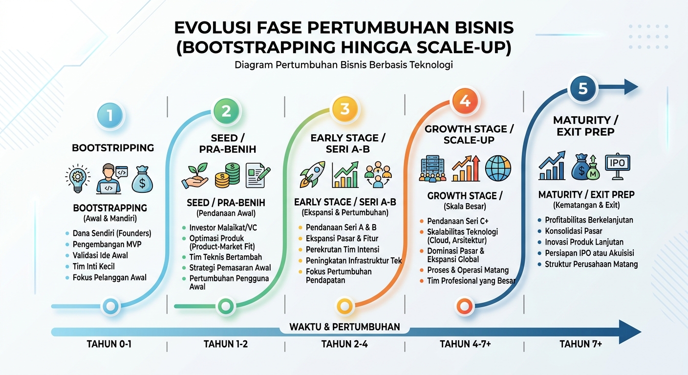 Diagram evolusi fase pertumbuhan bisnis dari bootstrapping hingga scale up dengan fokus teknologi