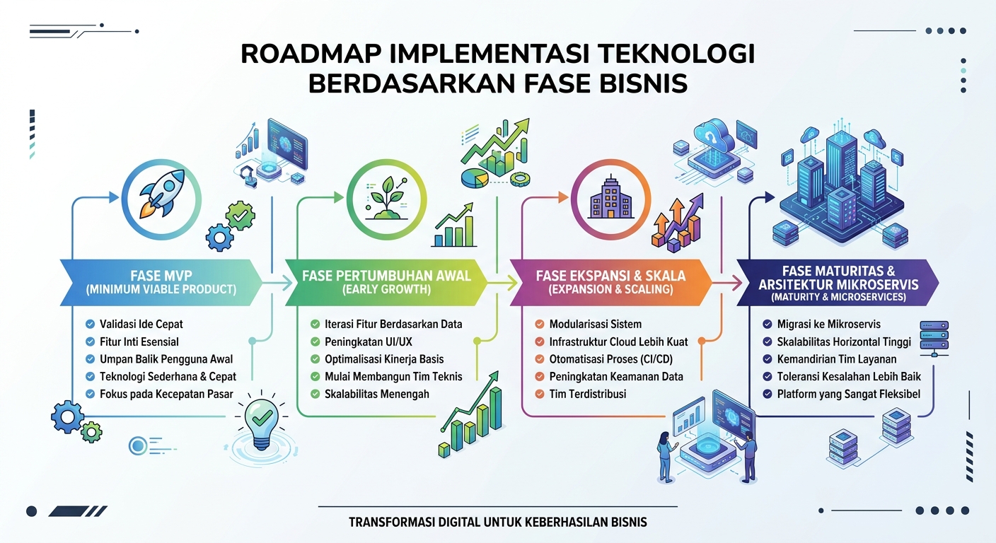 Roadmap implementasi teknologi berdasarkan fase bisnis, dari MVP hingga Arsitektur Mikroservis