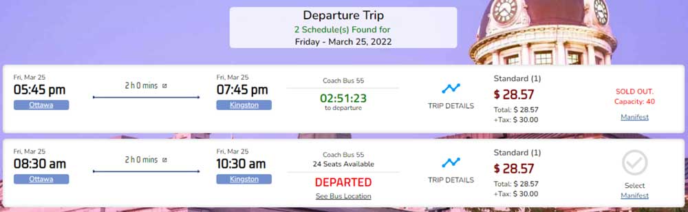 Countdown timer to bus departure on ticket search results
