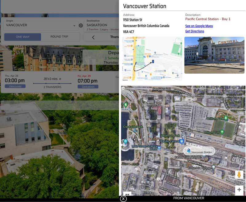 All details of origin and destination stations with address and images