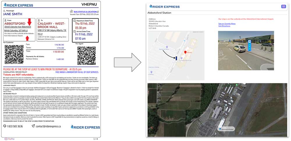 Bus ticket pdf document links to origin and destination station details