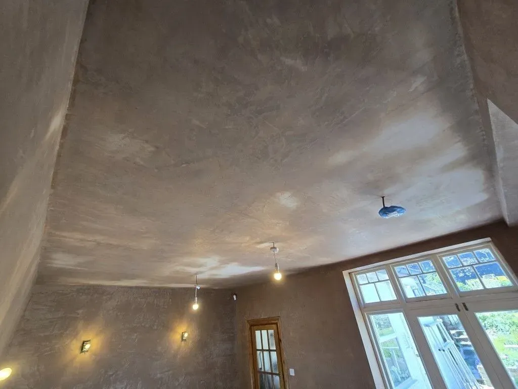 Professional plaster skimming finish on a large ceiling as part of a kitchen and dining room renovation in Redland, Bristol BS6.
