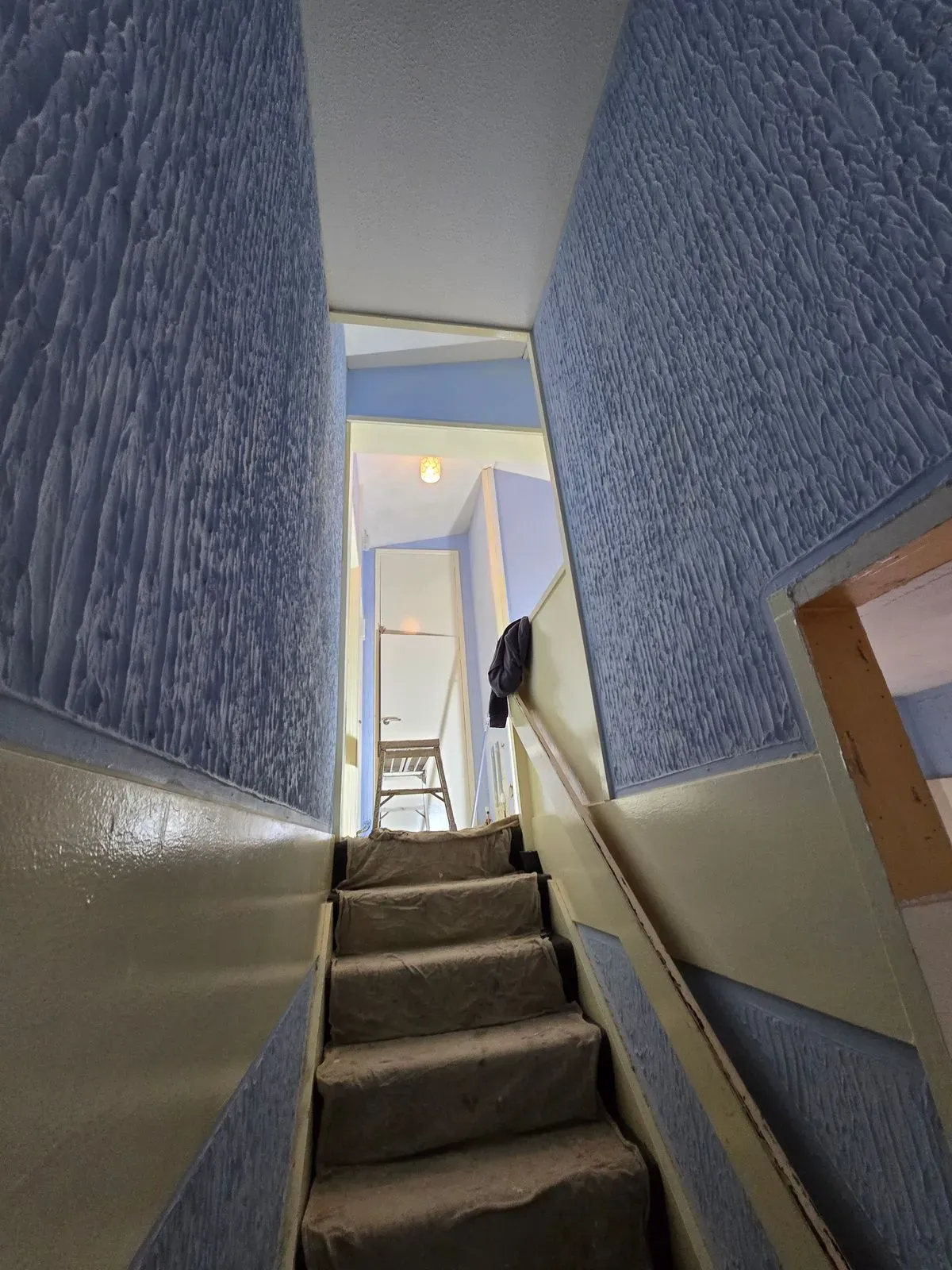 High ceiling Artex removal prep on a staircase landing in Cadbury Heath