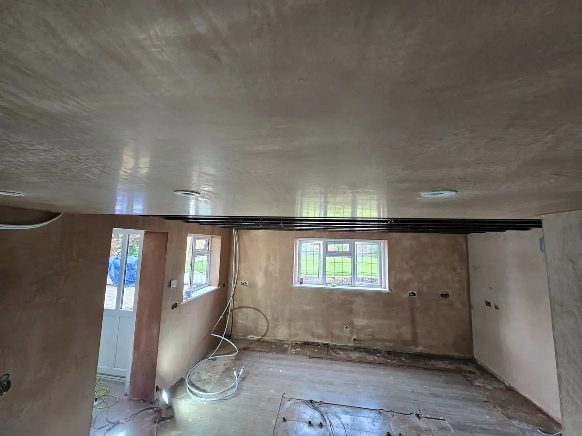 Flawless smooth glass plaster finish on kitchen ceiling in Rangeworthy North Bristol