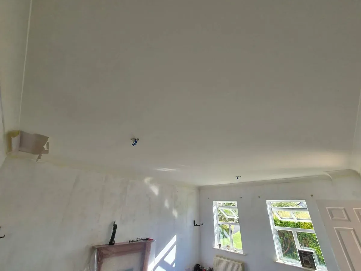 full ceiling and coving  removal due to a leak from bathroom damaged the plasterboard ceiling JNS plastering services got to fixed"