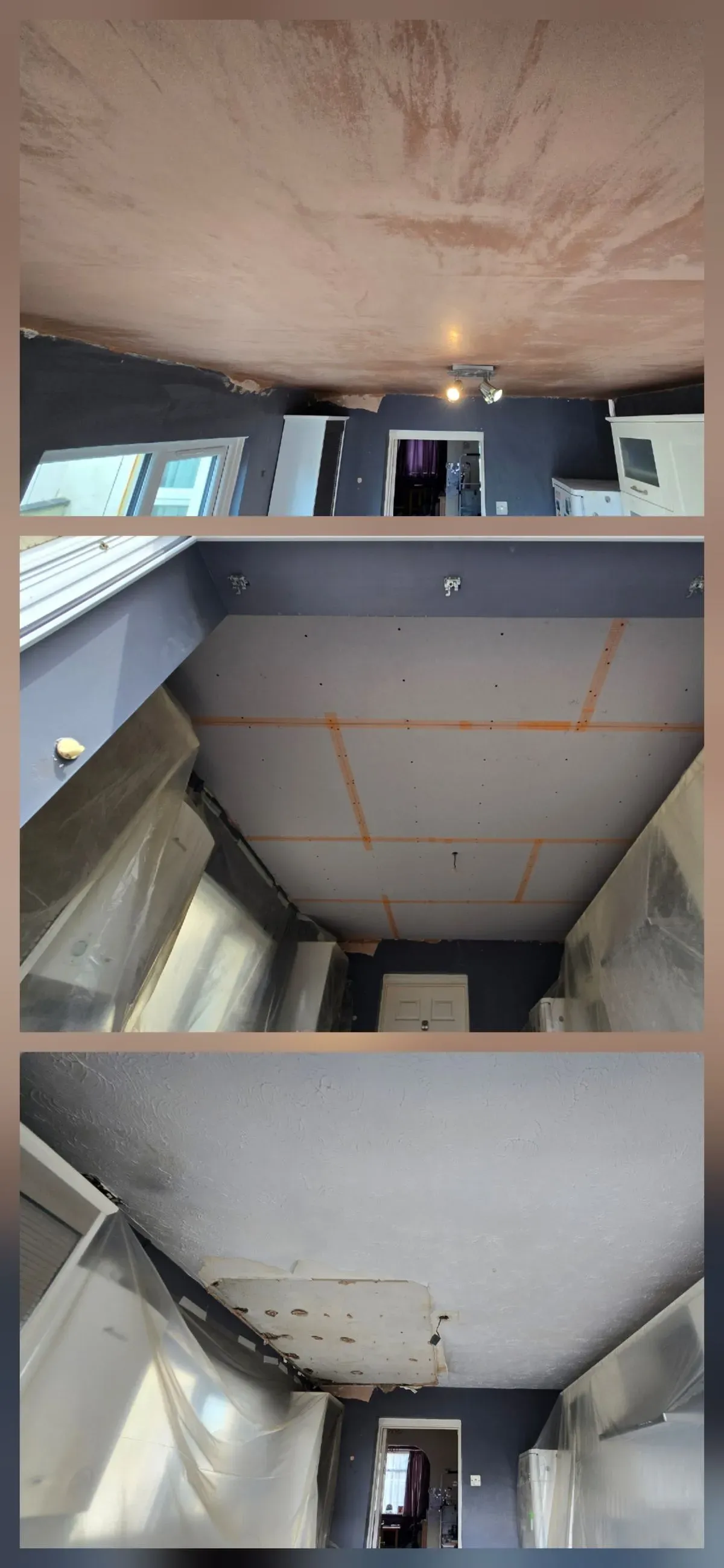 lath and plaster ceiling removal apply new  plasterboard then re plaster swindon