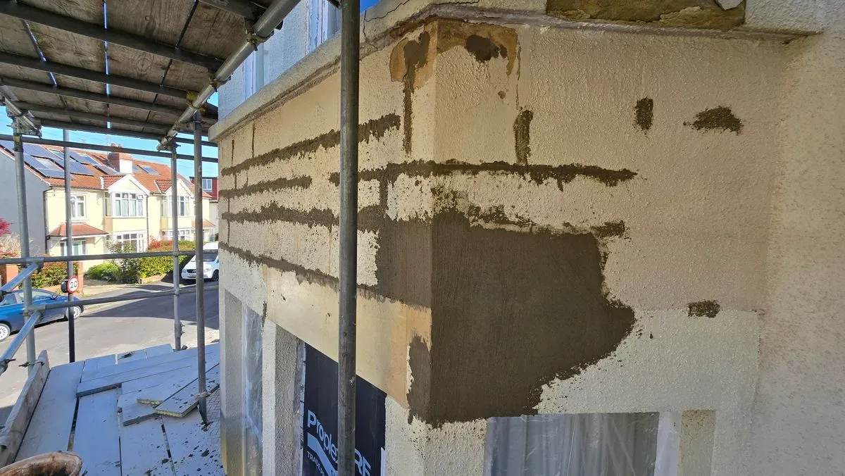 Structural bay window helical bars helibars crack repairs resin mesh before rendering with waterproof sand and cement