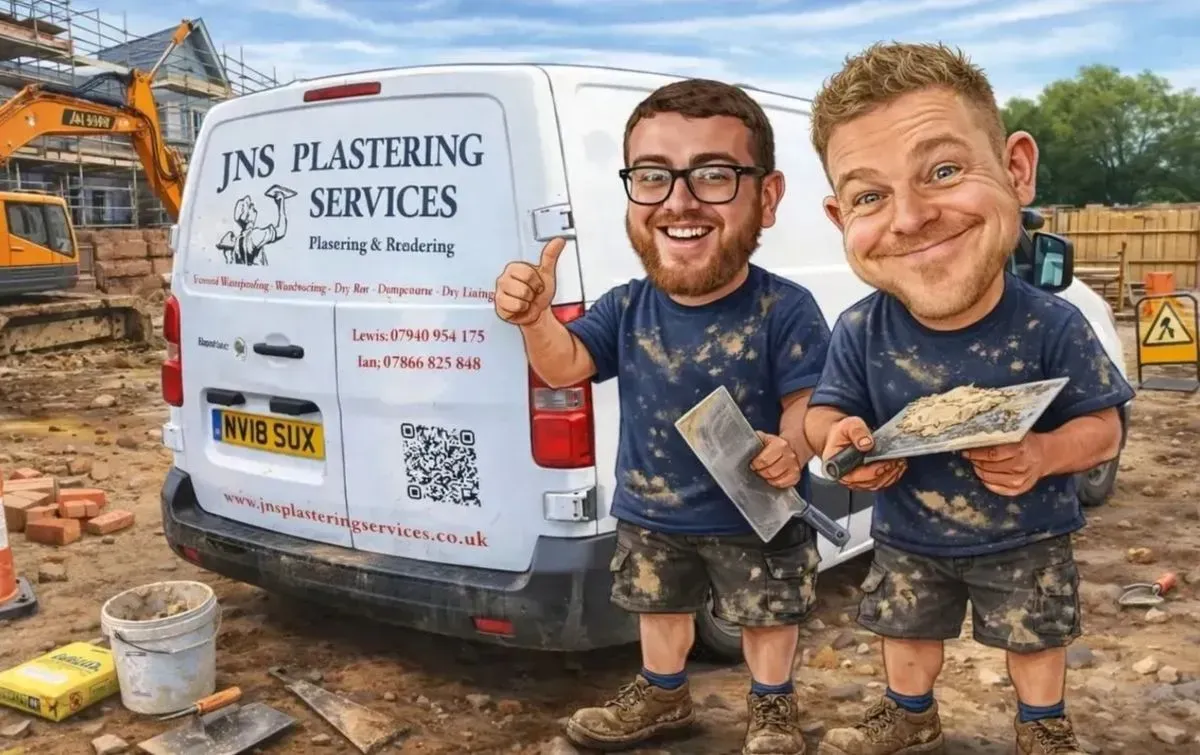 Cartoon image  of Ian and Lewis by there JNS PLASTERING SERVICES work van with tools in their hands in Bristol BS10 BS11