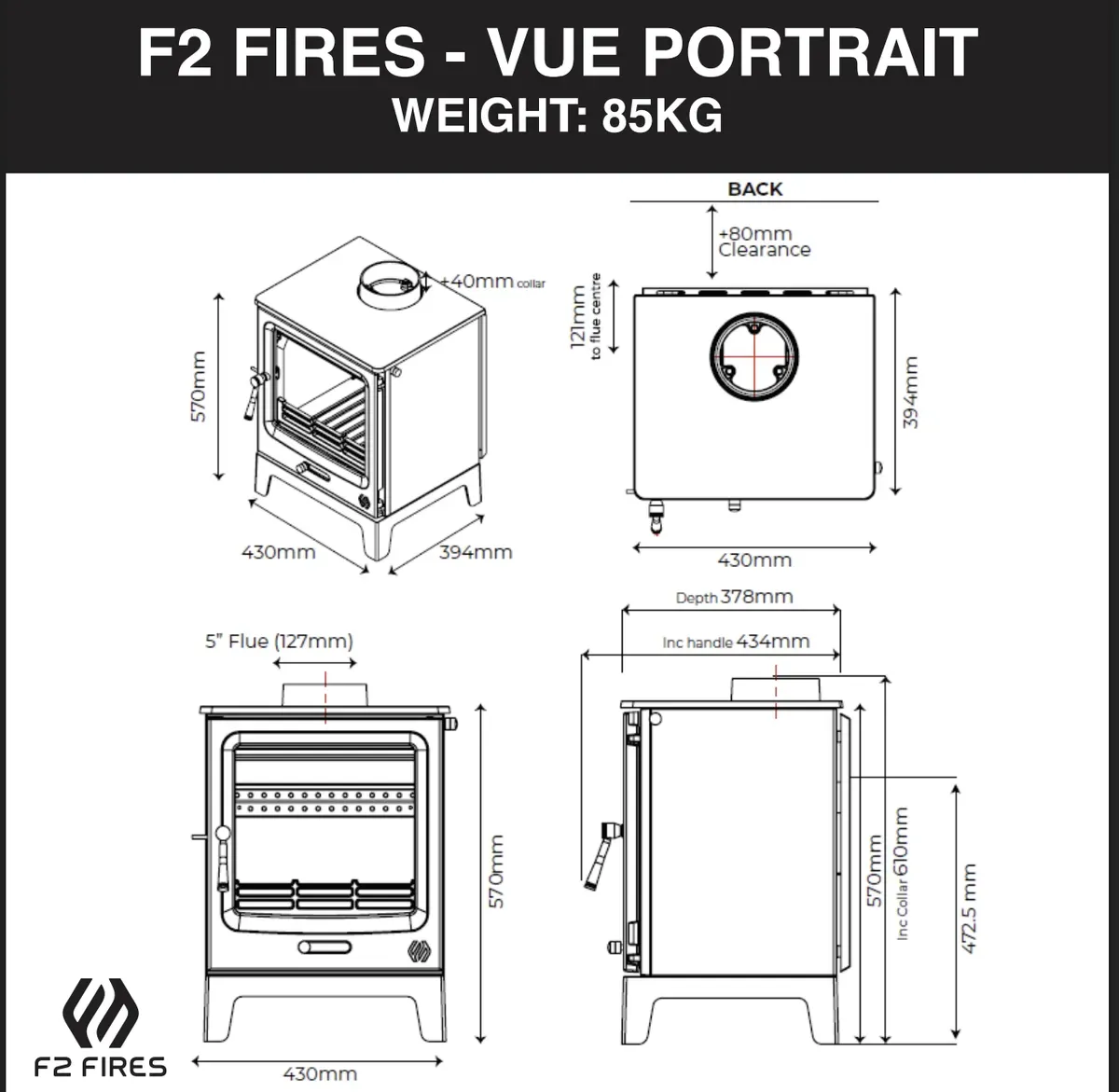 F2 Fires Vue 2  portrait stoves from Rugeley Fireplaces technical drawingce