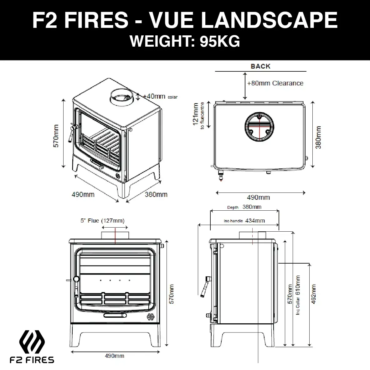 F2 Fires Vue Landscape stoves from Rugeley Fireplaces technical drawingce