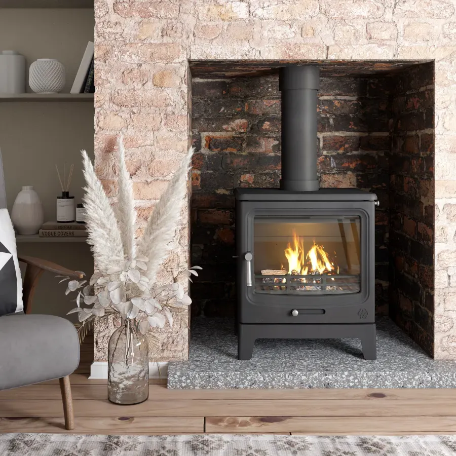F2 Fires Vue Landscape multi fuel stove in a brick chamber fireplace at Rugeley Fireplaces Staffordshire