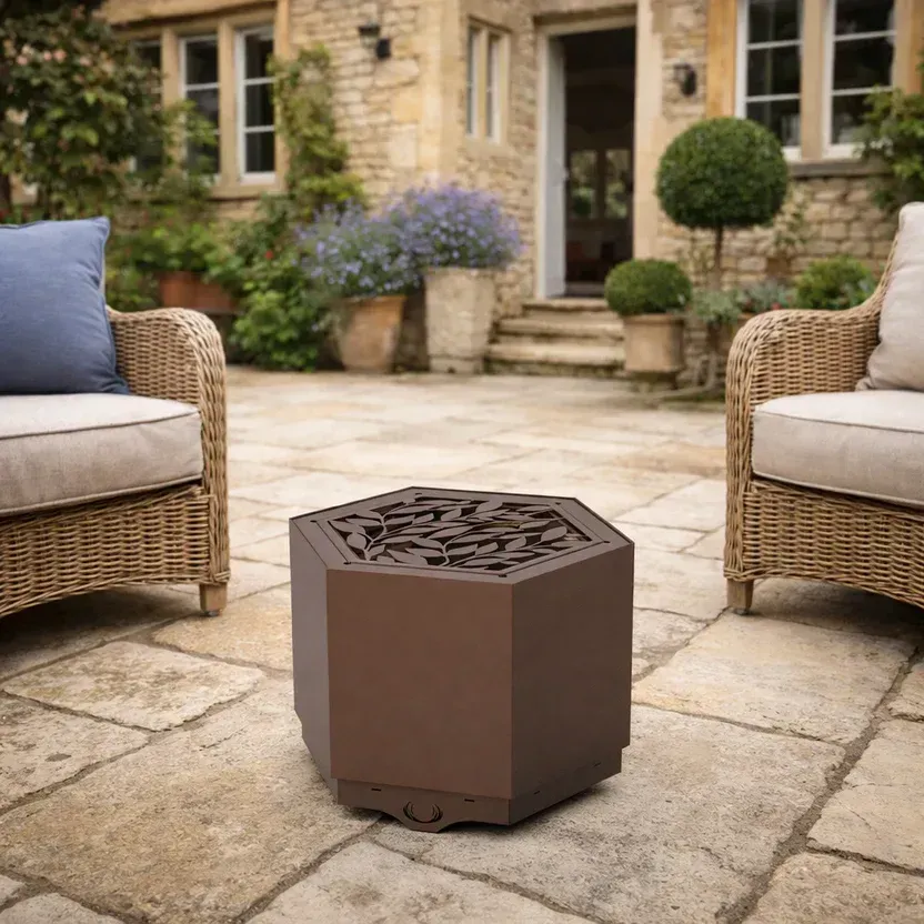 pollenfire hex in brown garden setting rugeleyfireplaces.net