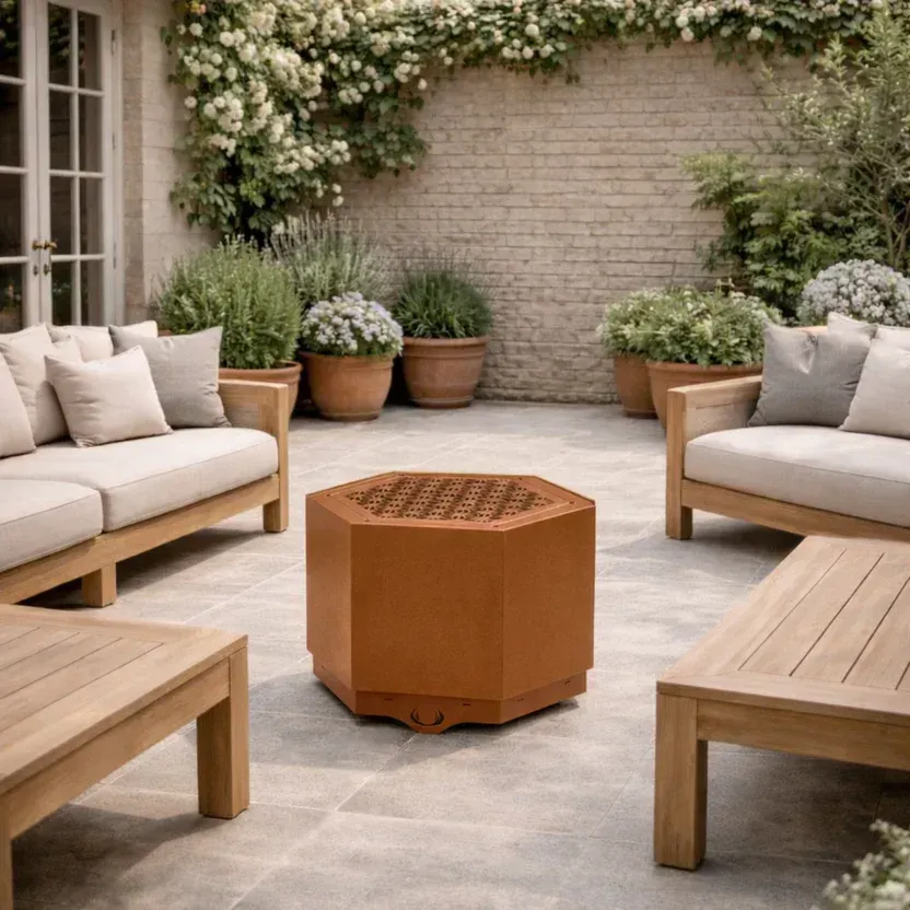 pollenfire hex firepit in rust in a garden  rugeleyfireplaces.net