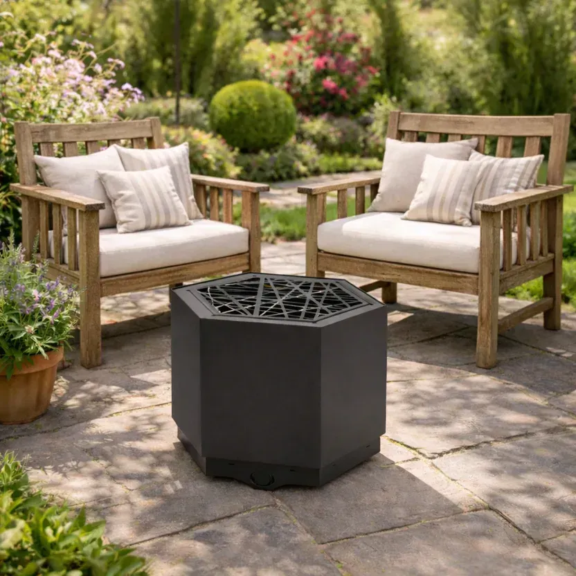 pollenfire hex in black garden settingrugeleyfireplaces.net