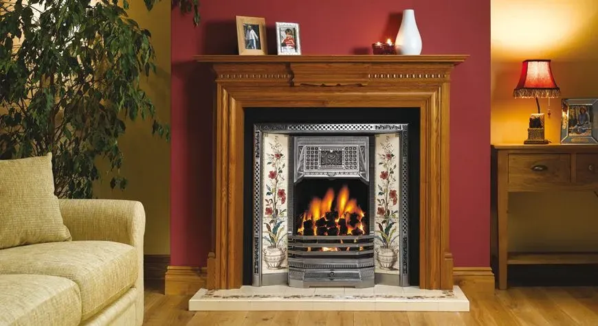 Solid oak Chesterfield mantel with Convection HE gas cast. Also available for solid fuel