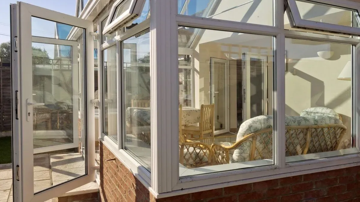 Close-up of solar film texture on conservatory glass in Southbourne