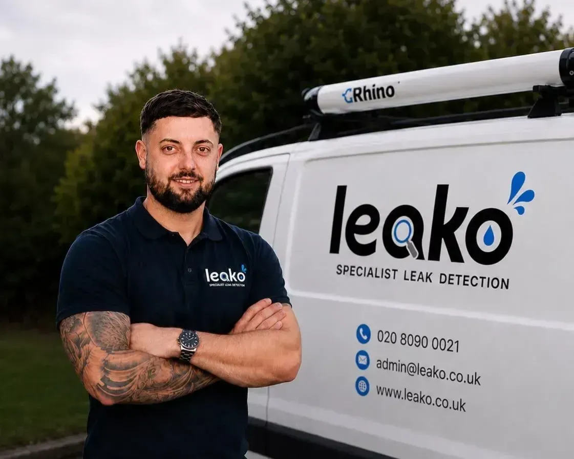 Professional leak detection equipment laid out at a Fleet job site