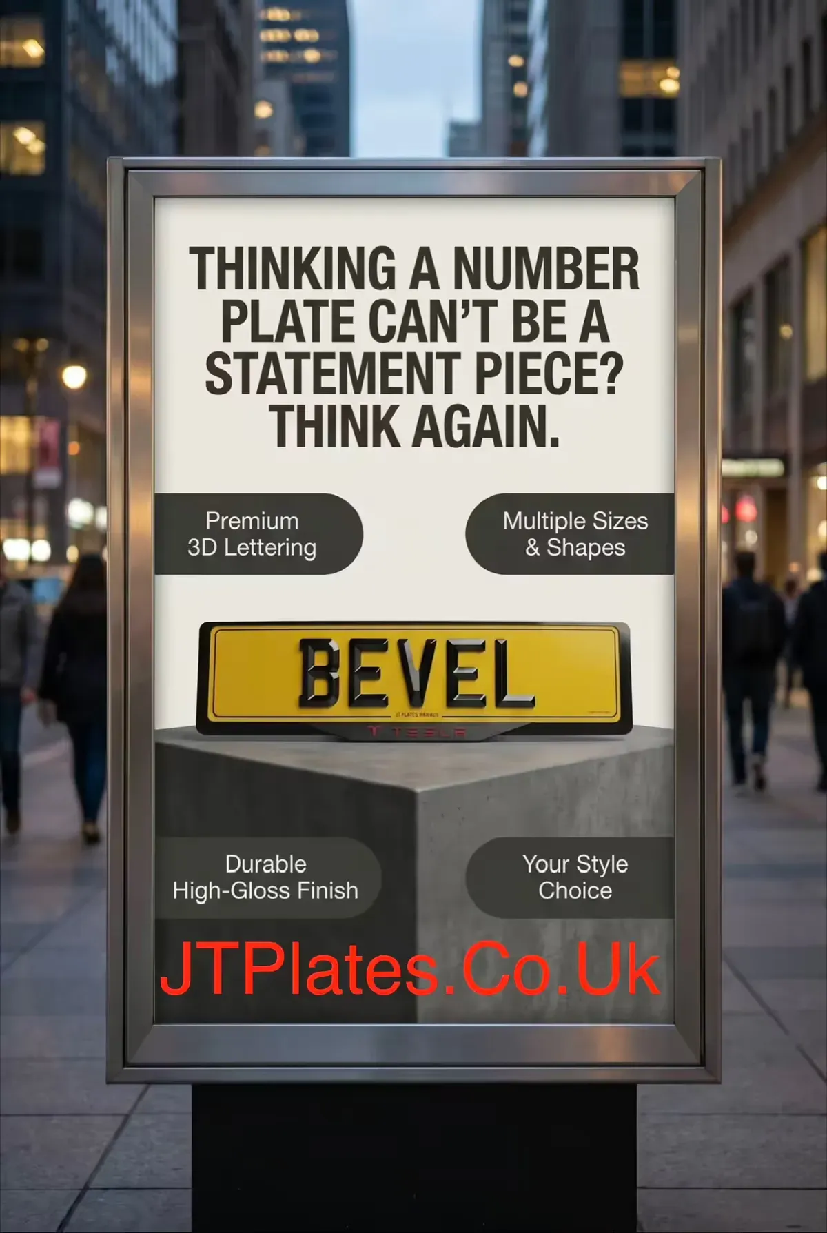  Advertising billboard for Bevel Number Plates, showcasing their Premium Number Plates, with eye-catching graphics and clear branding.