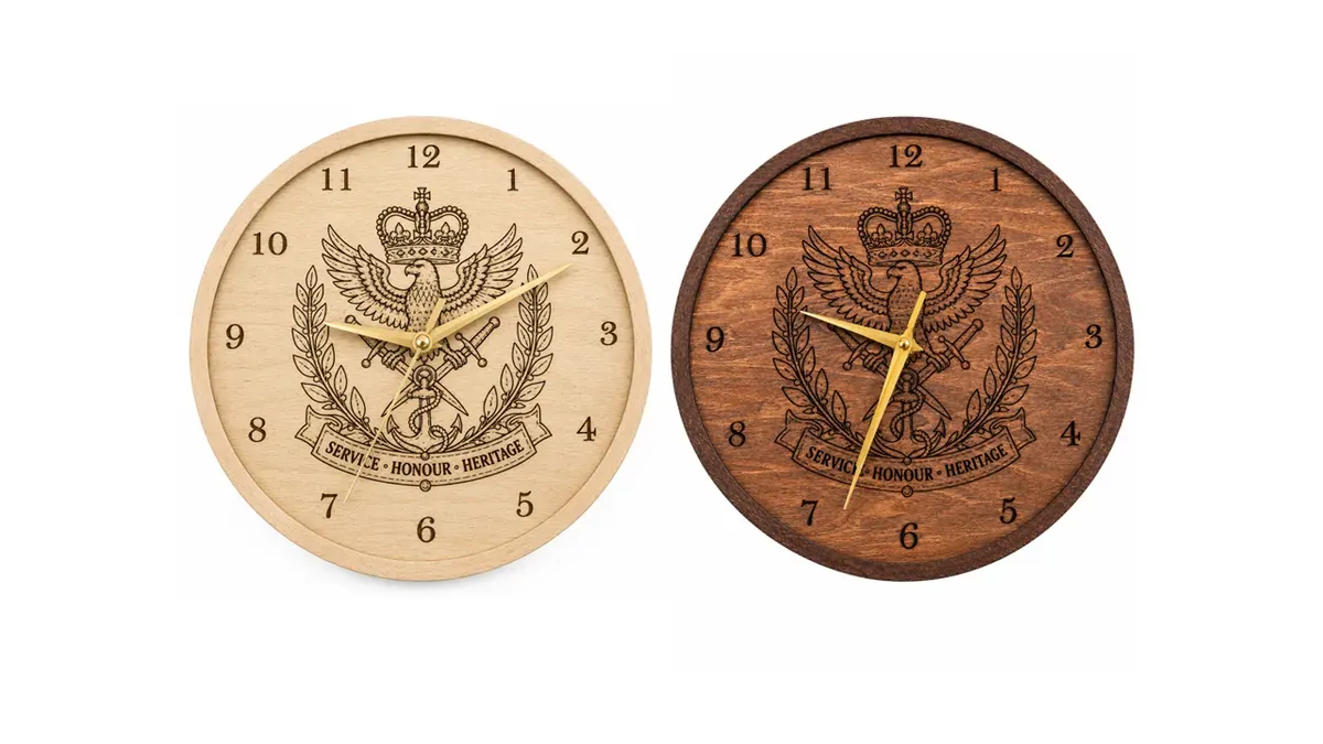 British Military Heritage Engraved Wooden Wall Clock – Handmade – Walnut or Beech Colours thumbnail