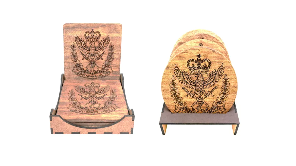 British Military Engraved Wooden Coaster Set of 4 with Holder – Handmade | Heritage Collection thumbnail